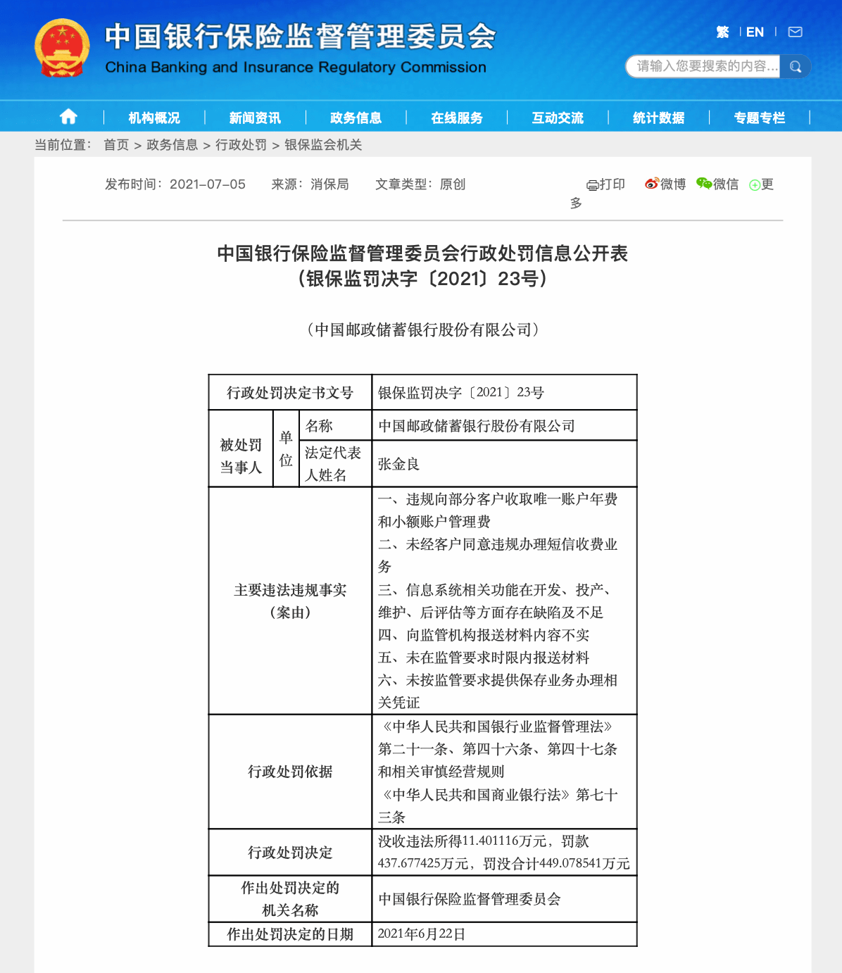 违规办理短信收费业务等 邮储银行被罚没449万